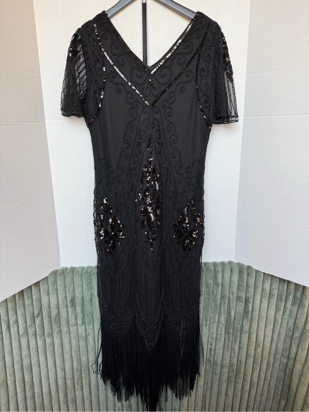 Black Beaded Fringe V-Neck Evening Dress